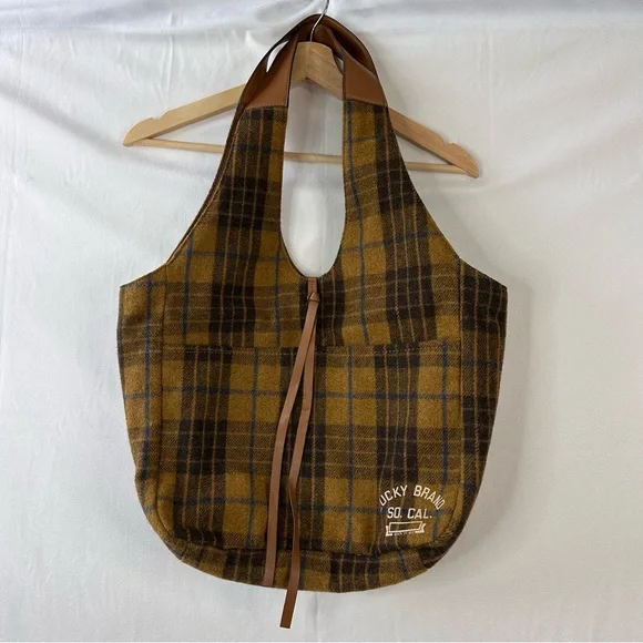 Lucky Brand Purse Brown Tan Blue Plaid Wool Blend Shoulder Bag Tote Front Pocket - Picture 1 of 14